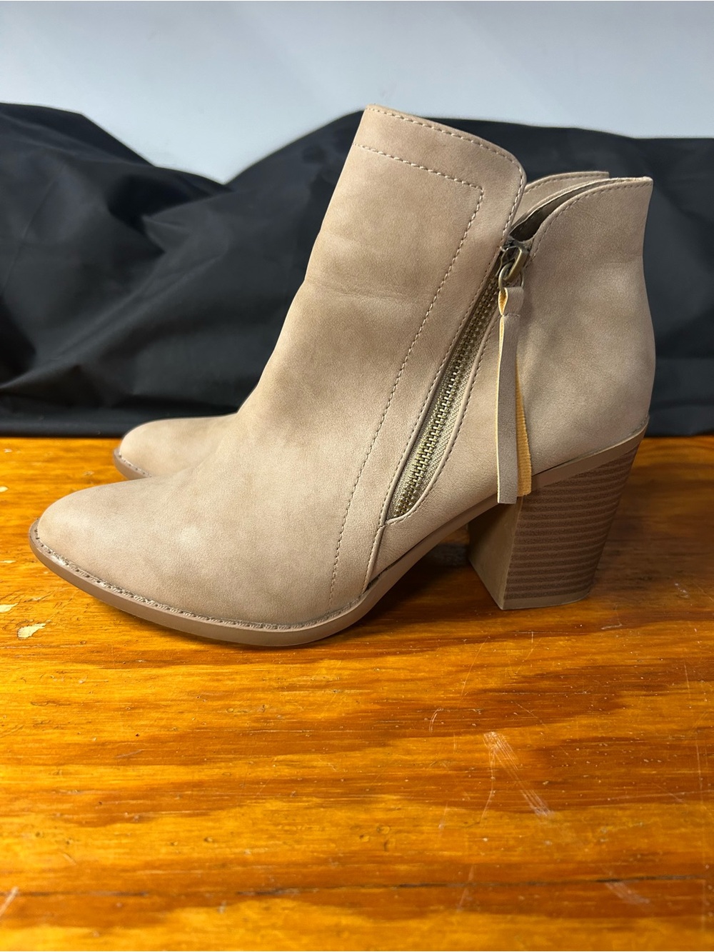 Women’s Taupe Ankle Booties with Block Heel and Side Zip